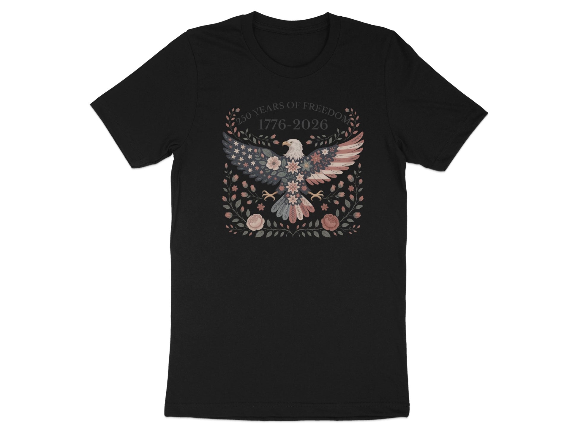 Black t-shirt with an eagle, wreath, and "250 Years of Freedom 1776-2026".