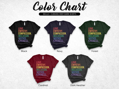 Color chart showing five dark Bella + Canvas 3001 shirts with "Love. Empathy. Compassion." text.