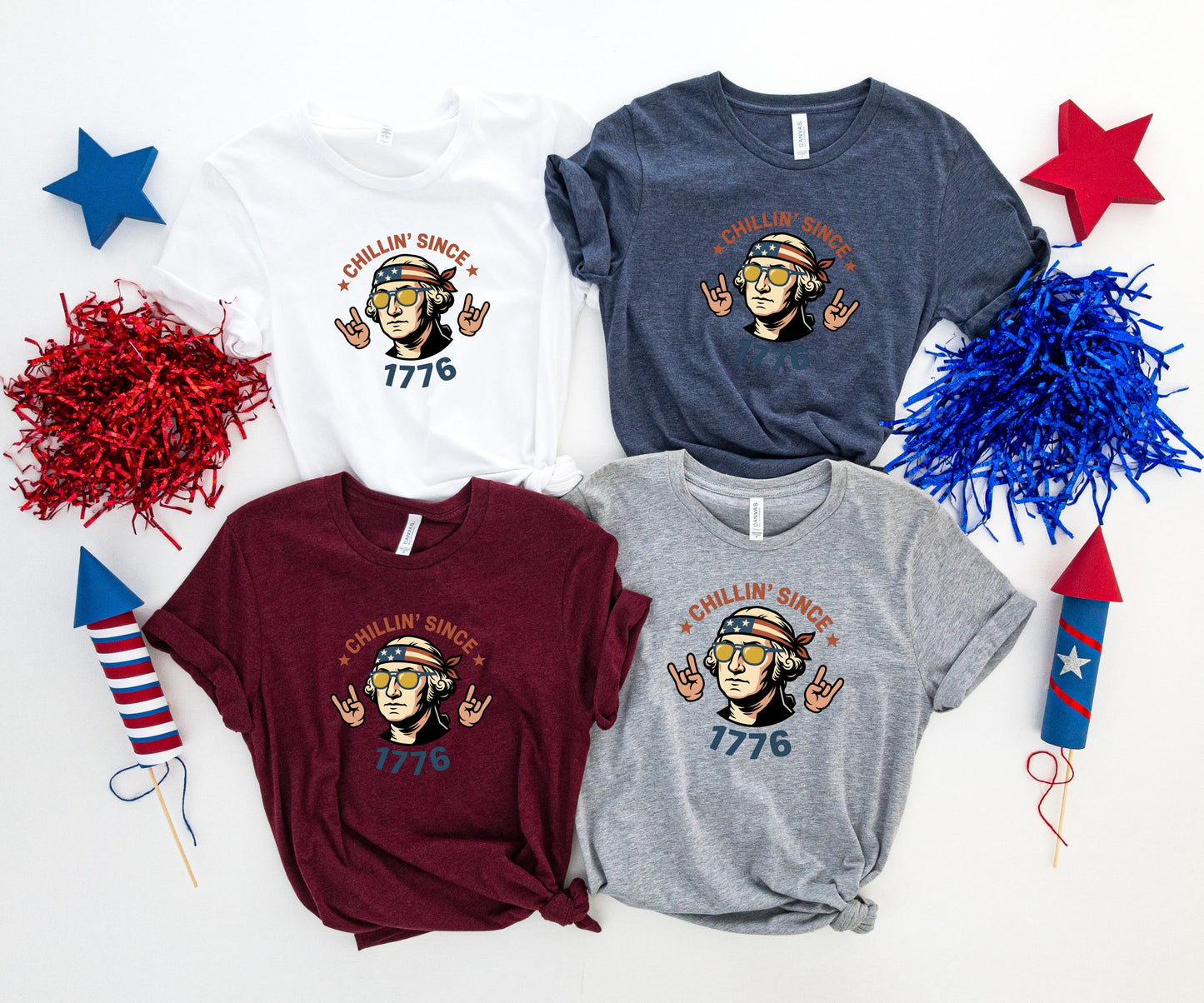 Four t-shirts with George Washington graphic and "Chillin' Since 1776" text.