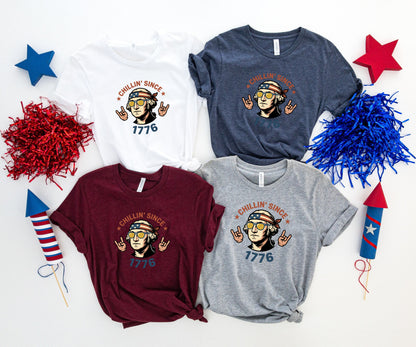 Four t-shirts with George Washington graphic and "Chillin' Since 1776" text.