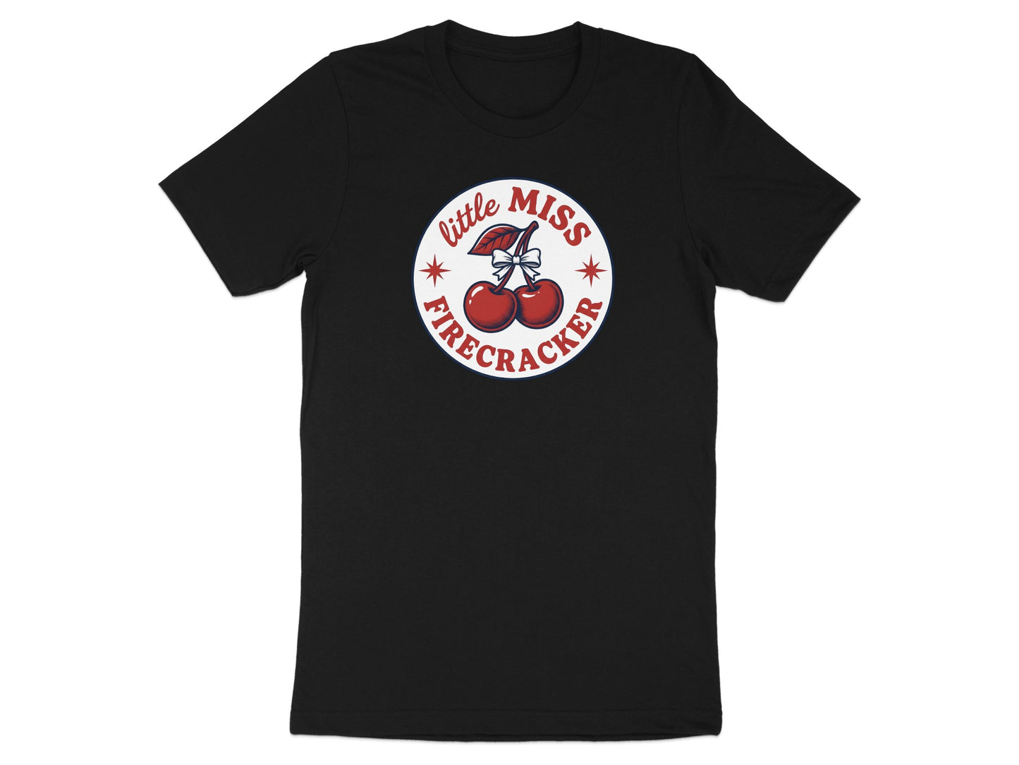 Black t-shirt with "Little Miss Firecracker" text and cherry graphic.