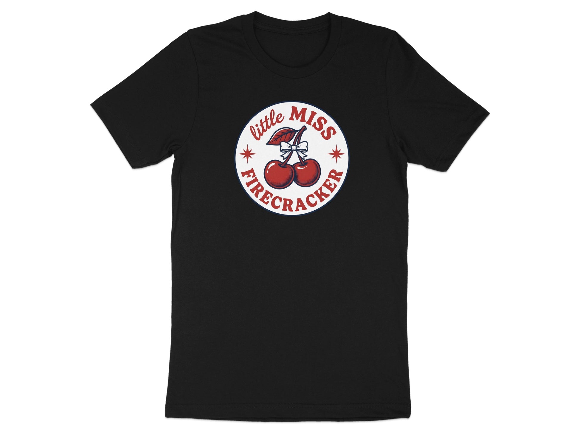 Black t-shirt with "Little Miss Firecracker" text and cherry graphic.