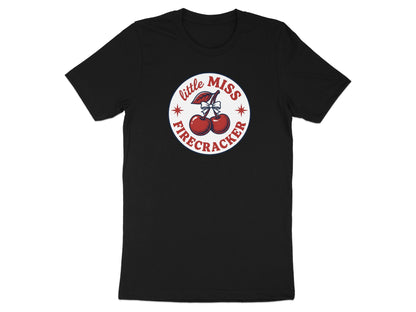 Black t-shirt with "Little Miss Firecracker" text and cherry graphic.