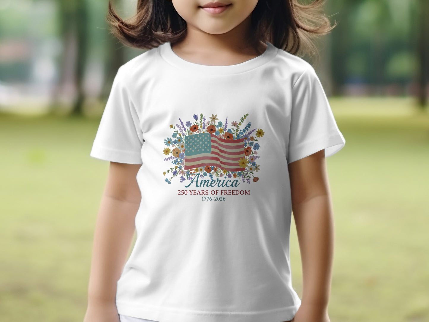 Child wearing white t-shirt with floral American flag and "America 250 Years of Freedom" text.
