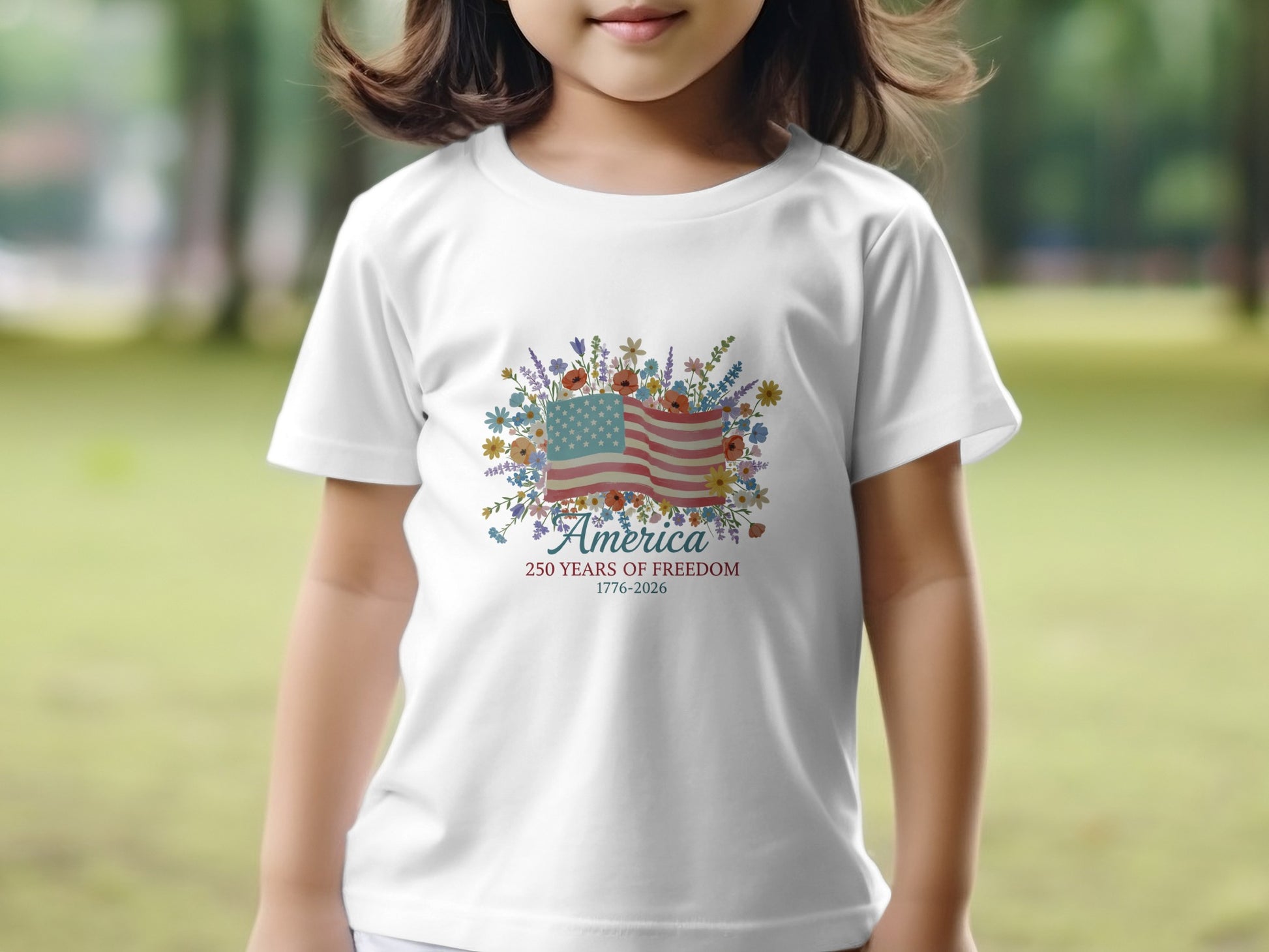 Child wearing white t-shirt with floral American flag and "America 250 Years of Freedom" text.