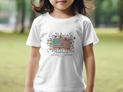 Child wearing white t-shirt with floral American flag and "America 250 Years of Freedom" text.