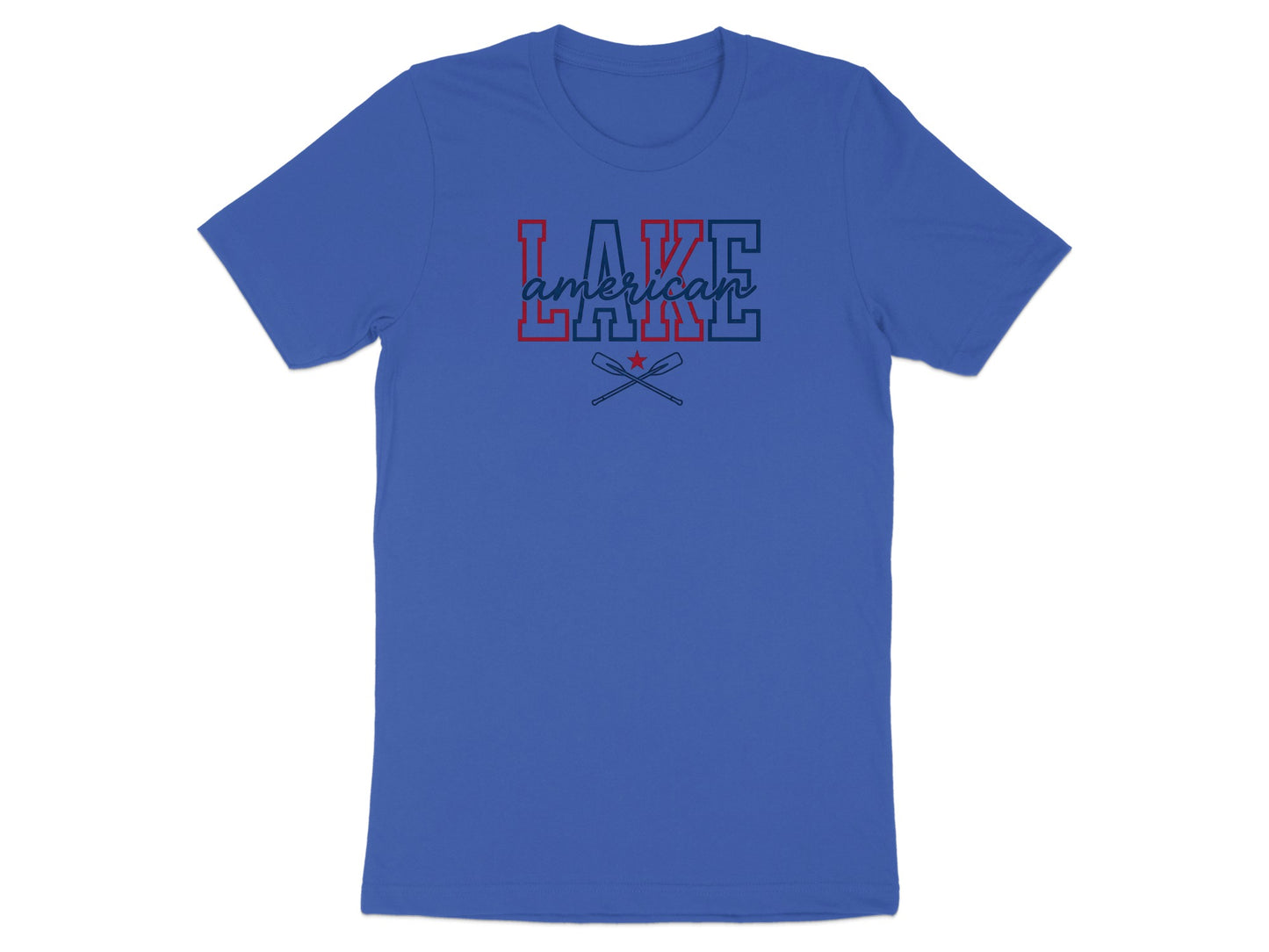 Blue t-shirt with "LAKE AMERICAN" text and crossed oars design.