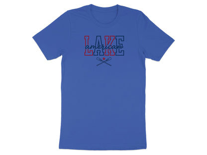 Blue t-shirt with "LAKE AMERICAN" text and crossed oars design.