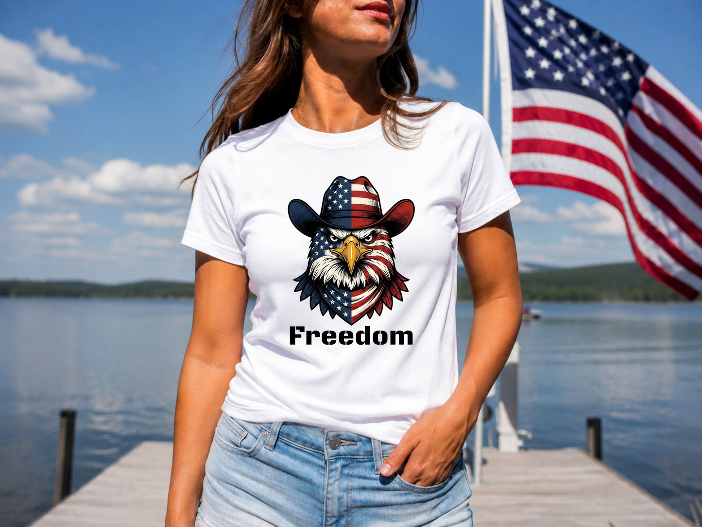 Woman in white t-shirt with patriotic eagle and cowboy hat graphic.