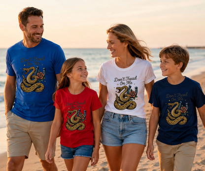 Family wearing "Don't Tread On Me" t-shirts on a beach.