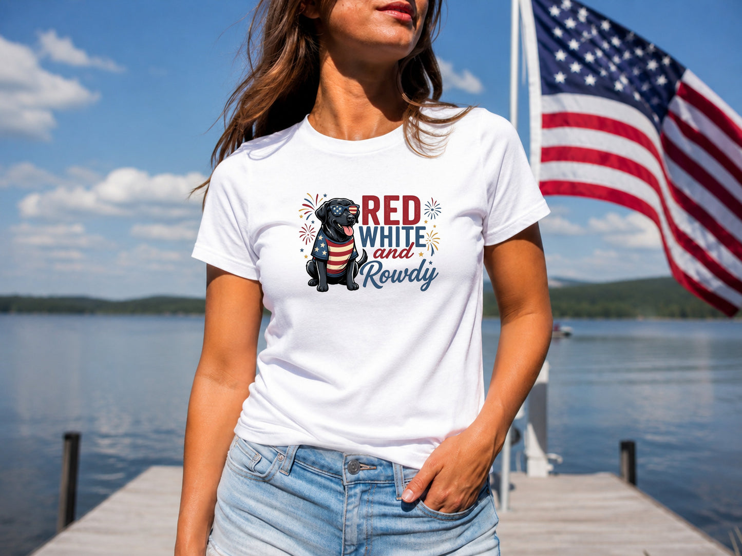 White t-shirt with black dog, American flag, and text "RED WHITE and ROWDY".