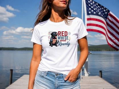 White t-shirt with black dog, American flag, and text "RED WHITE and ROWDY".