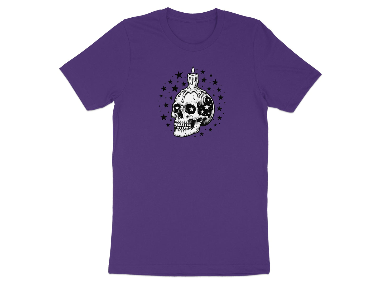 Purple t-shirt with a graphic of a skull with a candle and stars.