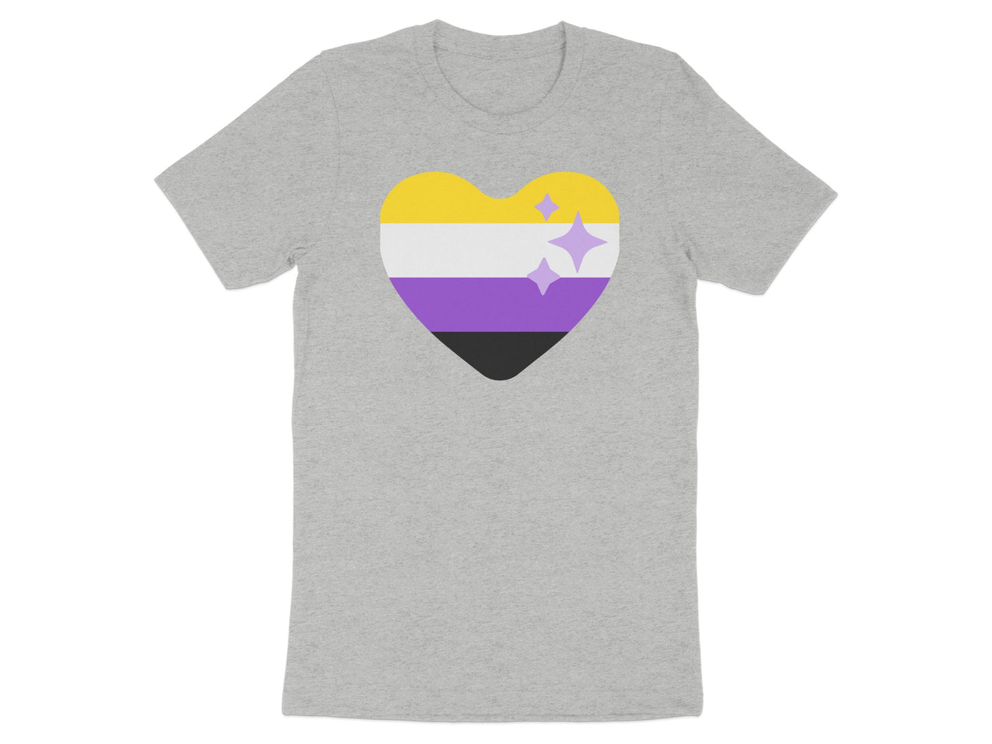 Grey t-shirt with a large non-binary pride flag heart and sparkles.