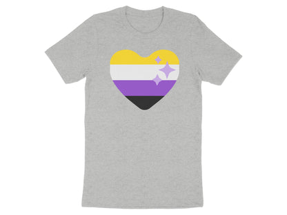 Grey t-shirt with a large non-binary pride flag heart and sparkles.