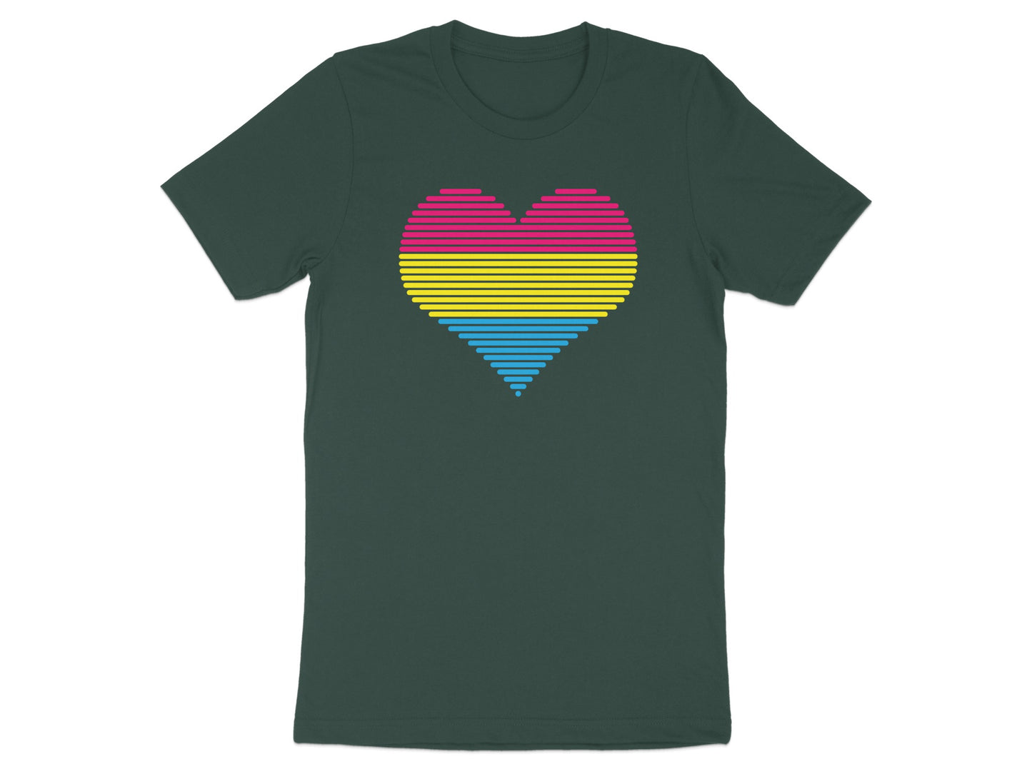 Pansexual pride heart design on a dark green t-shirt.