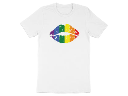 White t-shirt with rainbow lips graphic.