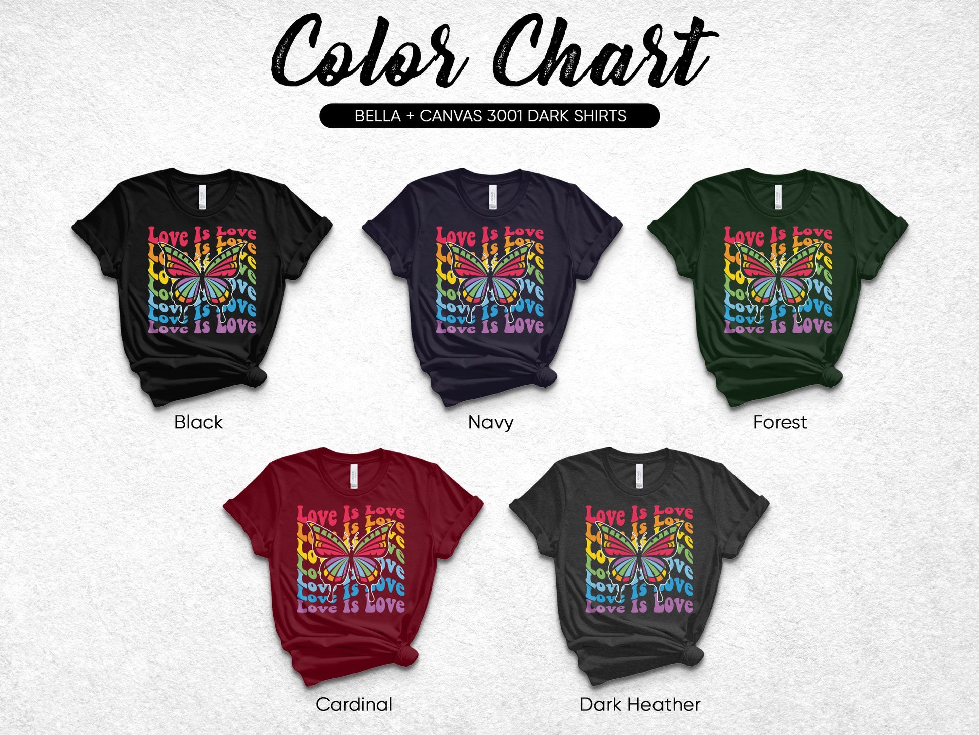 Color chart for Bella + Canvas 3001 dark shirts showing five colors.