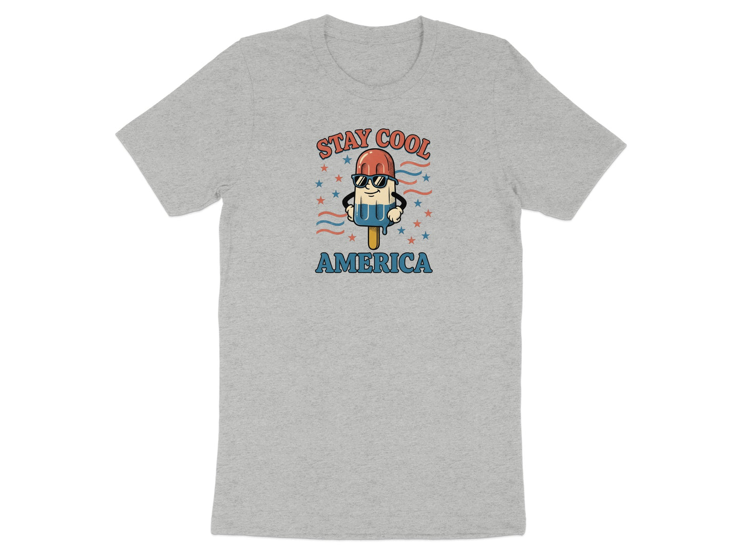 Popsicle wearing sunglasses with "STAY COOL AMERICA" text.