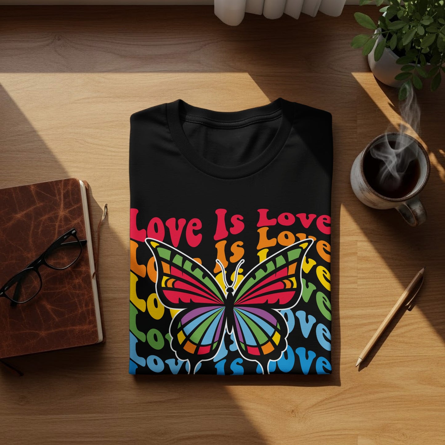 Black t-shirt with rainbow butterfly and "Love Is Love" text.