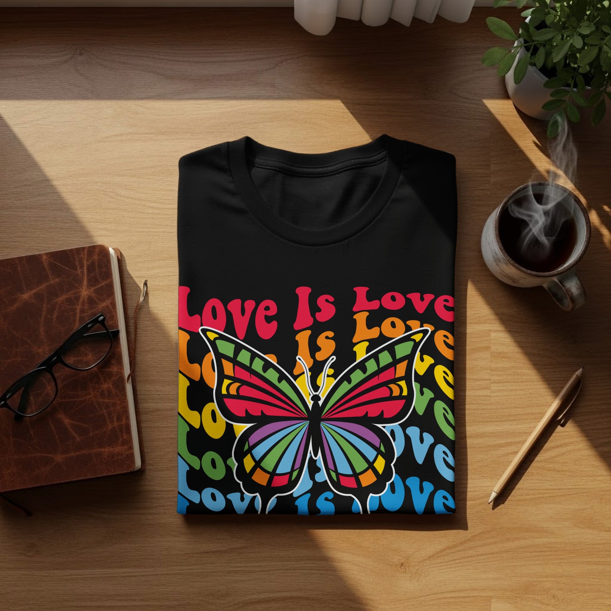 Black t-shirt with rainbow butterfly and "Love Is Love" text.