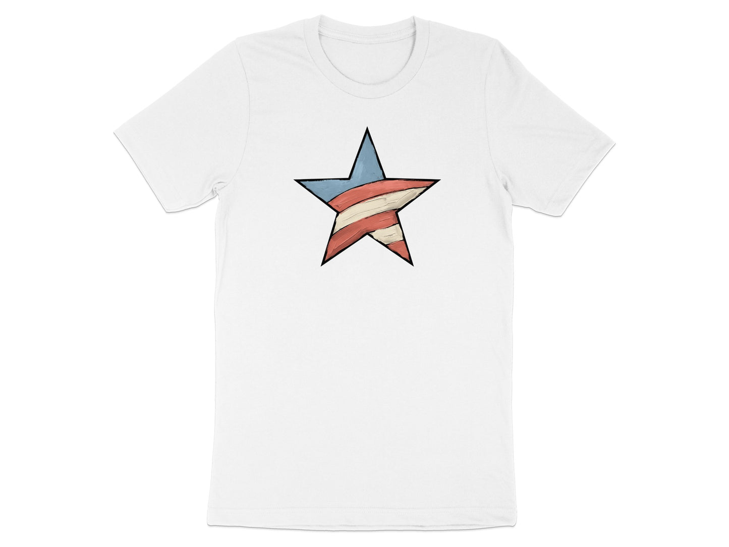 White t-shirt with a red, white, and blue striped star graphic.
