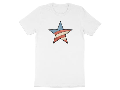 White t-shirt with a red, white, and blue striped star graphic.