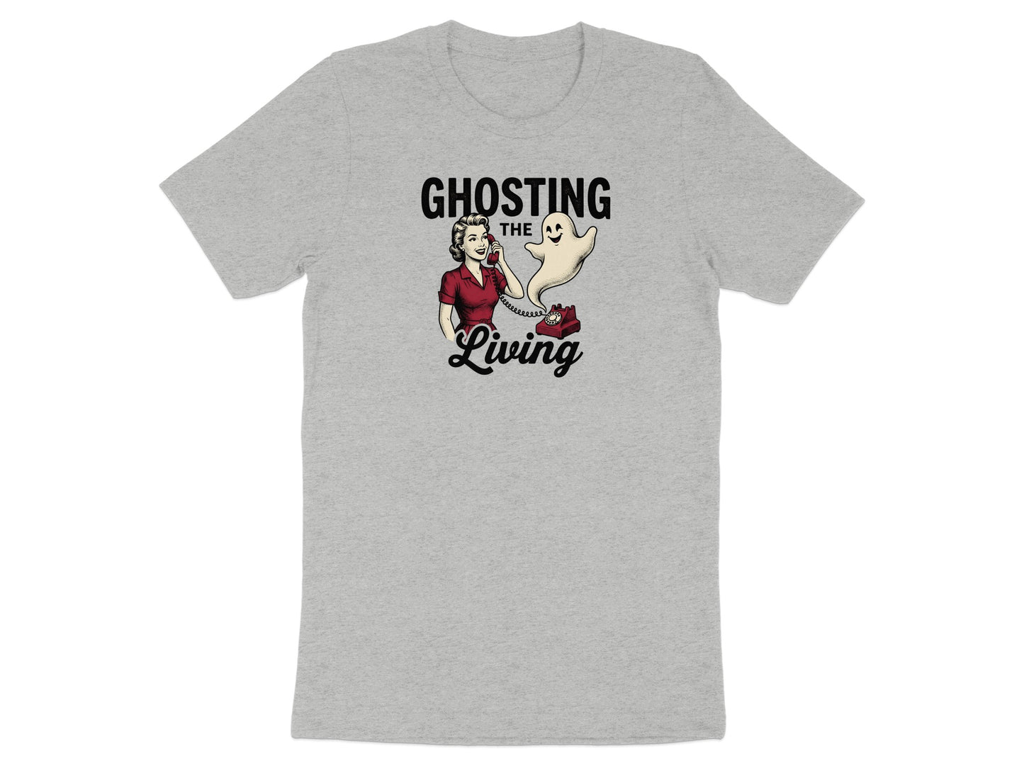 Ghosting the Living t-shirt featuring a retro woman and a ghost on a phone.