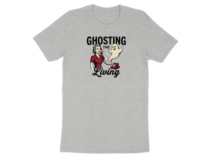 Ghosting the Living t-shirt featuring a retro woman and a ghost on a phone.