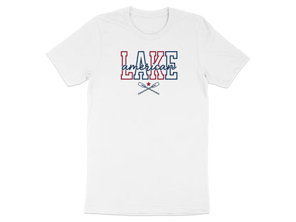 White t-shirt with "LAKE" in red, white, and blue lettering and "american" below.