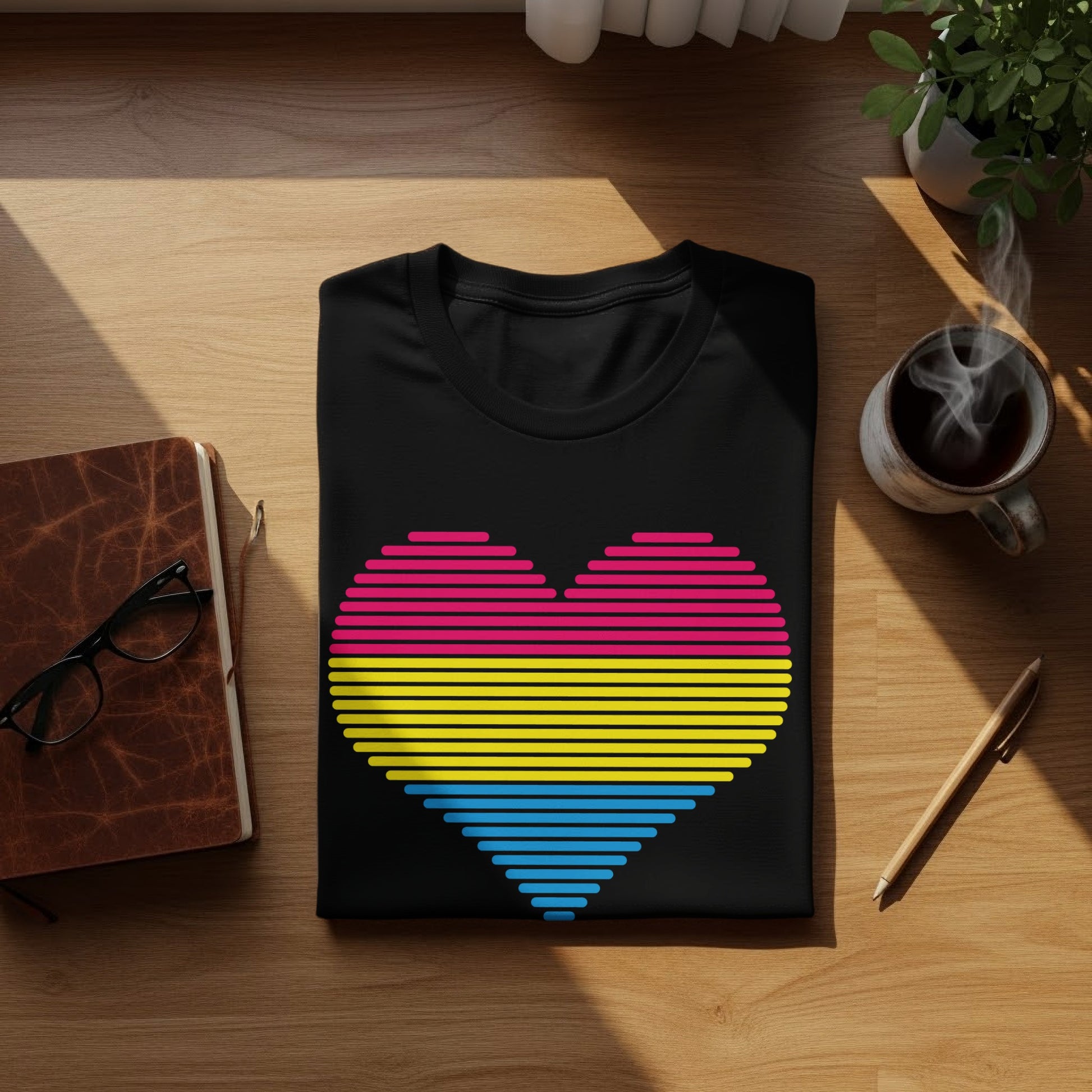 Black t-shirt with a horizontal striped heart in pink, yellow, and blue.