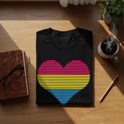 Black t-shirt with a horizontal striped heart in pink, yellow, and blue.