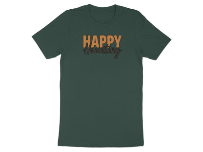 Green t-shirt with text "HAPPY Haunting" in orange and black.
