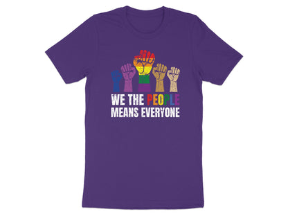 Purple t-shirt with rainbow fists and "WE THE PEOPLE MEANS EVERYONE" text.