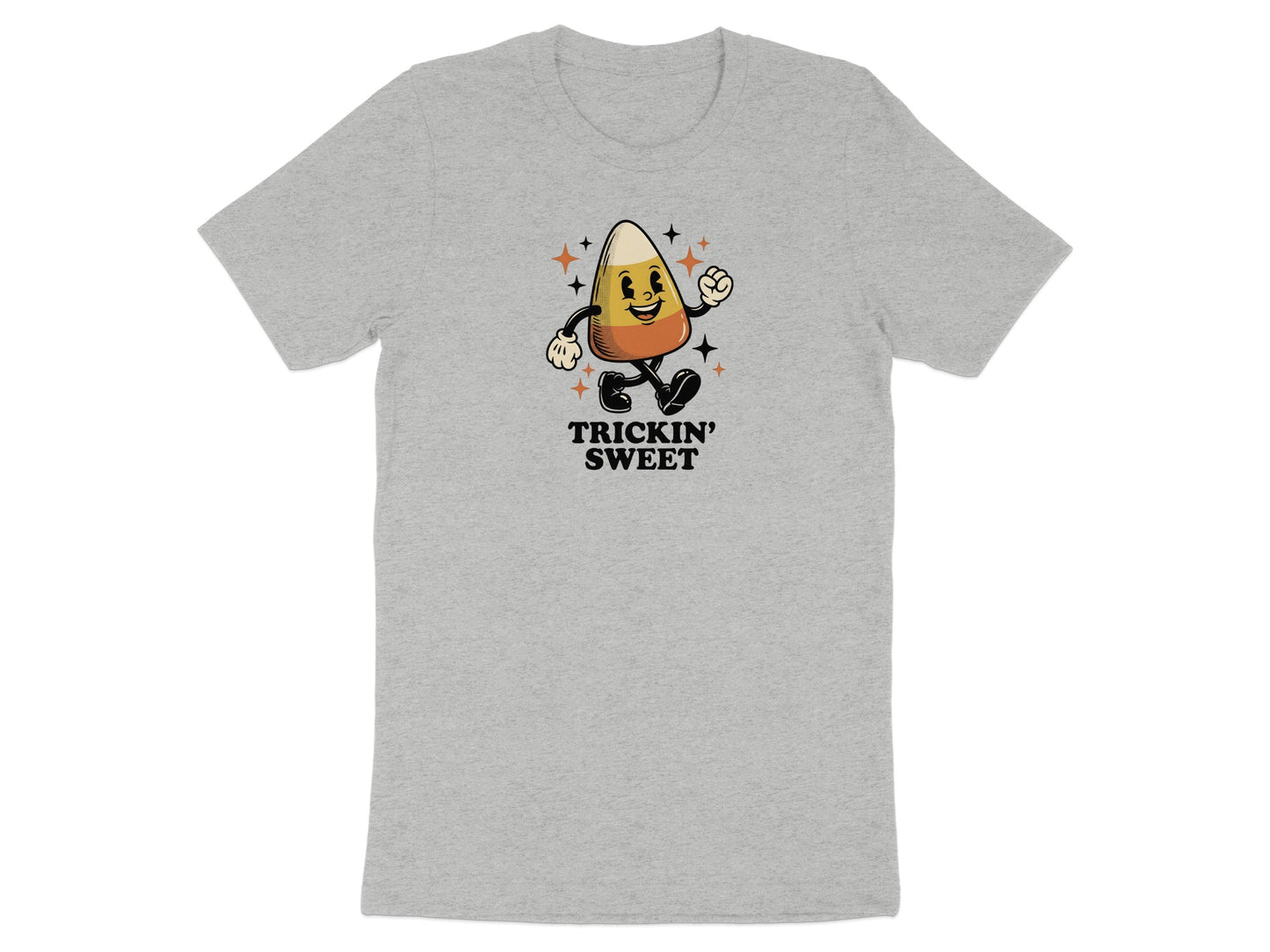 Gray t-shirt with cartoon candy corn character saying "Trickin' Sweet".