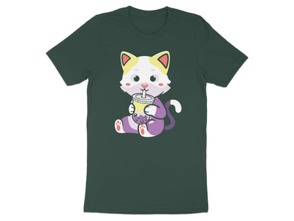 Cartoon cat in purple and white holding a bubble tea cup with yellow and purple pearls.