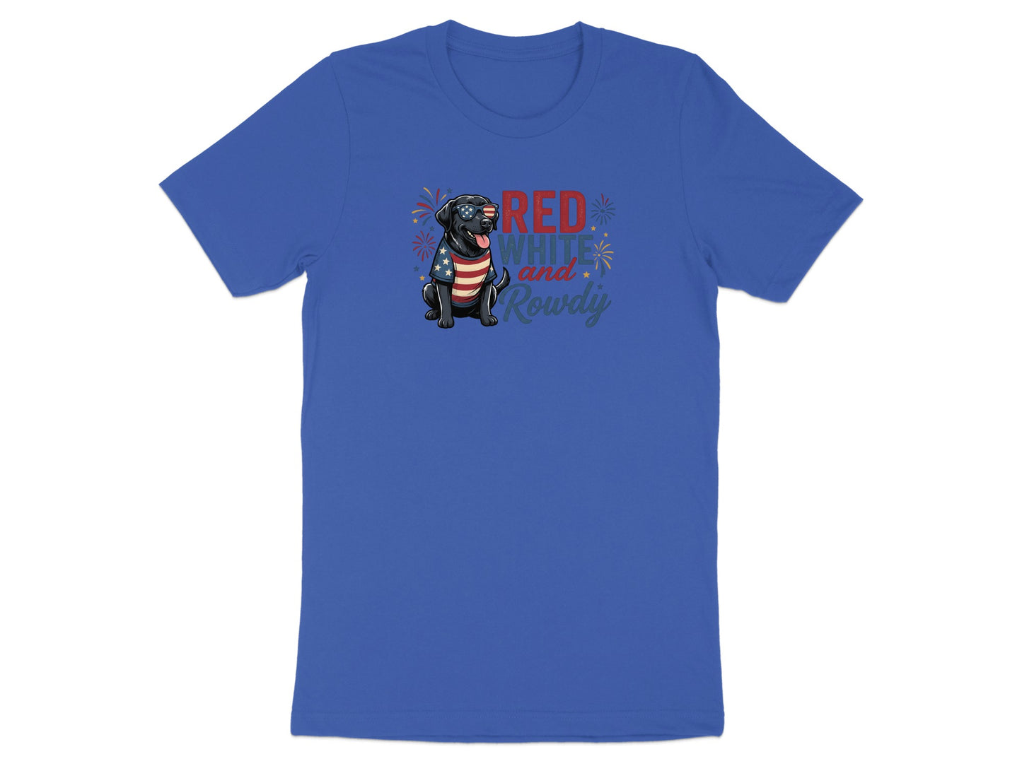 Black labrador wearing sunglasses with "Red White and Rowdy" text.