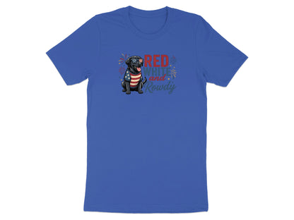 Black labrador wearing sunglasses with "Red White and Rowdy" text.