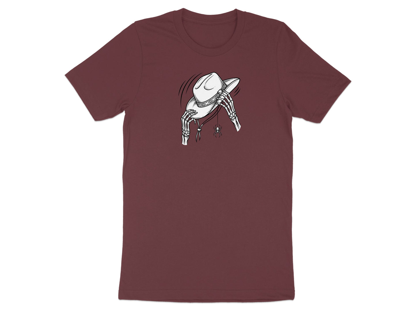 Skeleton hands hold a cowboy hat above a hanging spider on a burgundy t-shirt.