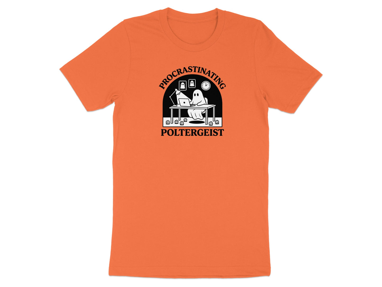 Orange t-shirt with "Procrastinating Poltergeist" ghost graphic.