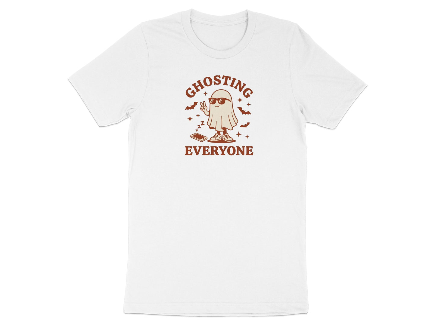 White t-shirt with graphic of cartoon ghost wearing sunglasses and holding peace sign, text "GHOSTING EVERYONE."