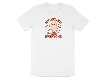 White t-shirt with graphic of cartoon ghost wearing sunglasses and holding peace sign, text "GHOSTING EVERYONE."