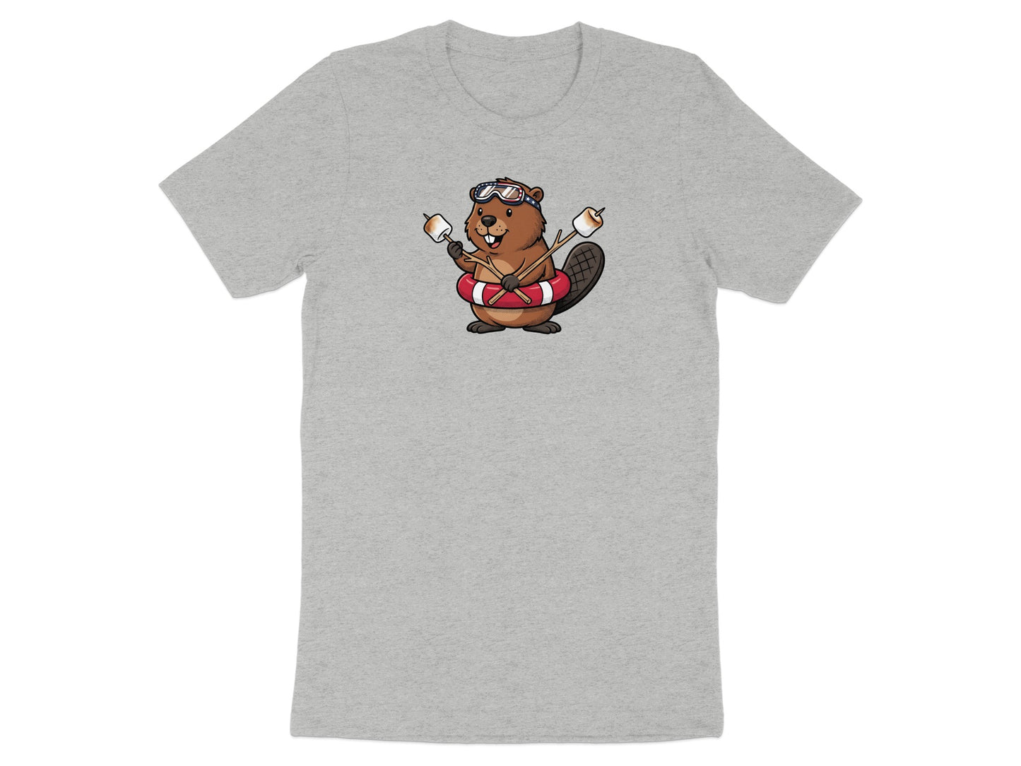 Cartoon beaver wearing swim goggles holds marshmallows over a campfire on a life preserver.