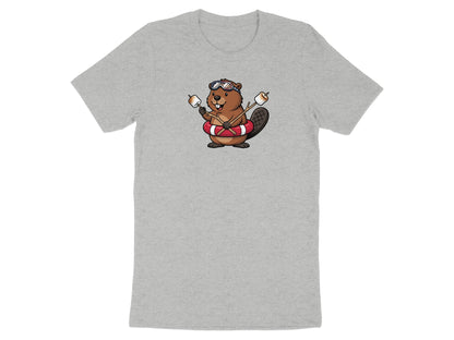 Cartoon beaver wearing swim goggles holds marshmallows over a campfire on a life preserver.