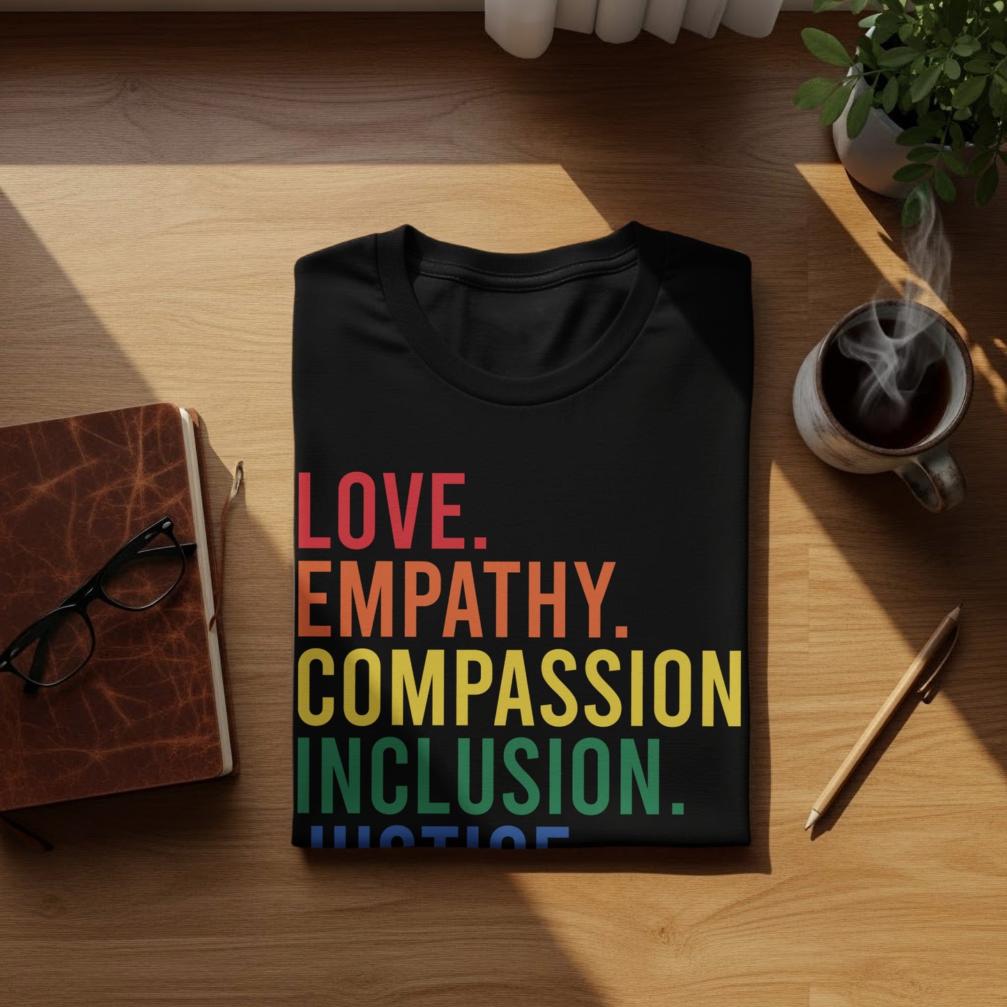 Black t-shirt with "LOVE. EMPATHY. COMPASSION. JUSTICE. INCLUSION." text.
