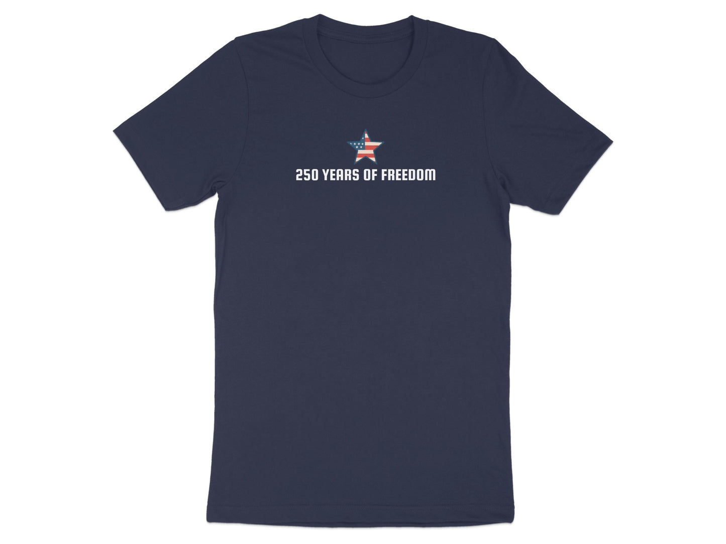 Navy t-shirt with a white star and "250 YEARS OF FREEDOM" text.