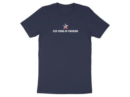 Navy t-shirt with a white star and "250 YEARS OF FREEDOM" text.