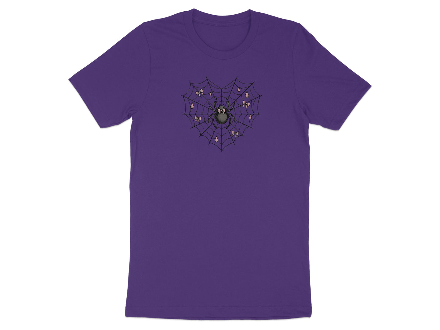 Purple t-shirt with a spider web heart graphic featuring a spider and pink bows.