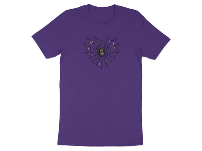 Purple t-shirt with a spider web heart graphic featuring a spider and pink bows.