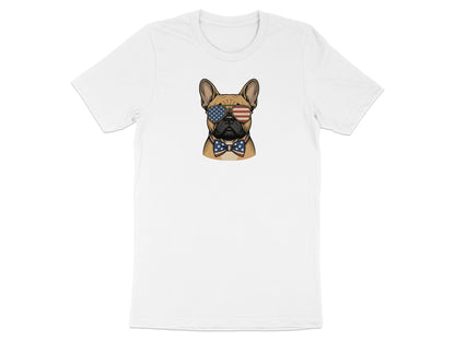 French bulldog wearing sunglasses and bowtie with American flag design.